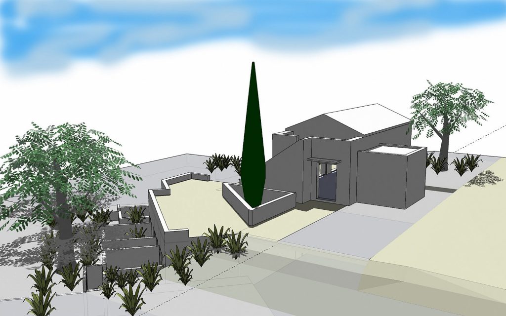 Τρισδιάστατο σχέδιο ενός μοντέρνου σπιτιού με έναν κήπο. Το σπίτι έχει γεωμετρικές γραμμές και γωνίες, με έναν μεγάλο κυπαρίσσι στο κέντρο του κήπου. Ο ουρανός είναι γαλάζιος με λίγα σύννεφα.