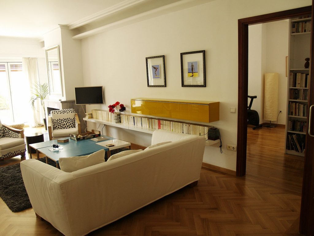 Φωτεινό σαλόνι με μοντέρνο και άνετο σχεδιασμό, μεγάλο μπλε κολώνα στο κέντρο, τζάκι με μεγάλο καθρέπτη πάνω του, σύγχρονα και ρουστίκ έπιπλα, δύο καρέκλες από λυγαριά, μοκέτα με μοτίβο και καρέκλες με μαύρο-άσπρο σχέδιο. Υπάρχουν ξύλινο παρκέ δάπεδο και μεγάλες γυάλινες πόρτες που ανοίγουν σε μπαλκόνι με γλάστρες